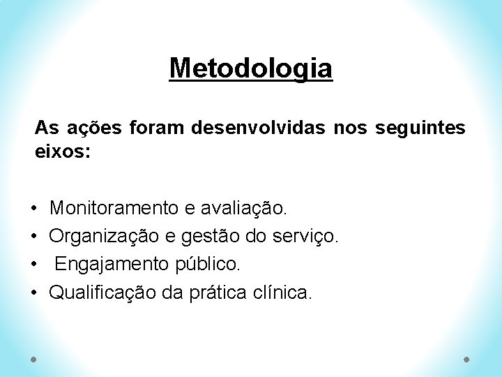 Metodologia As ações foram desenvolvidas nos seguintes eixos: • • Monitoramento e avaliação. Organização