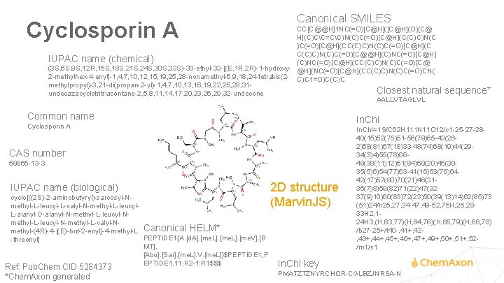Cyclosporin A Canonical SMILES CC[C@@H]1 NC(=O)[C@H](O)[C@ H](C)CC=CC)N(C)C(=O)[C@H](C(C)C)N(C )C(=O)[C@H](CC(C)C)N(C)C(=O)[C@H](C C(C)C)N(C)C(=O)[C@@H](C)NC(=O)[C@H] IUPAC name (chemical) (C)NC(=O)[C@H](CC(C)C)N(C)C(=O)[C@ (3