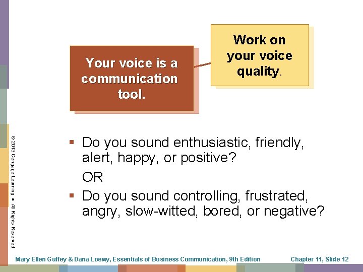 Your voice is a communication tool. Work on your voice quality. © 2013 Cengage