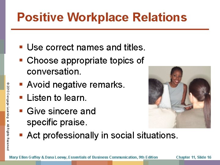 Positive Workplace Relations © 2013 Cengage Learning ● All Rights Reserved § Use correct