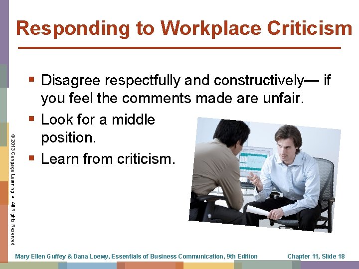 Responding to Workplace Criticism § Disagree respectfully and constructively— if © 2013 Cengage Learning