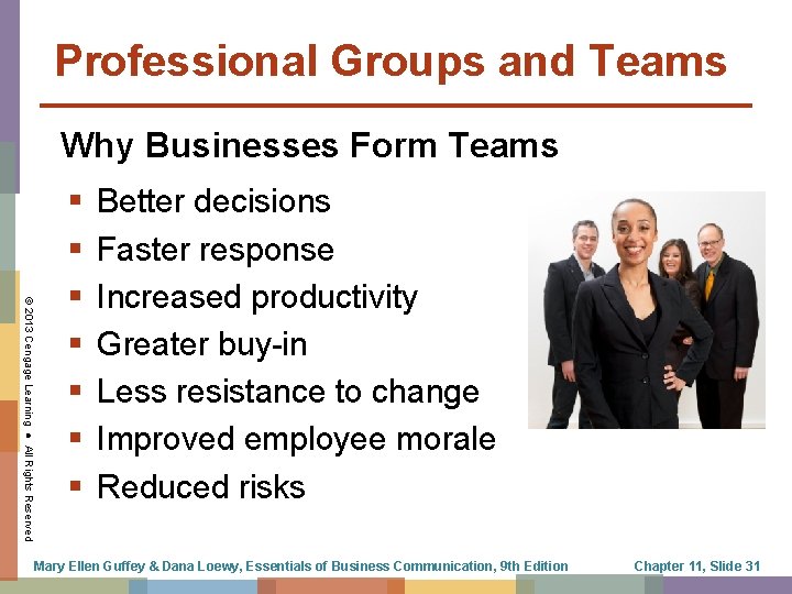 Professional Groups and Teams Why Businesses Form Teams © 2013 Cengage Learning ● All