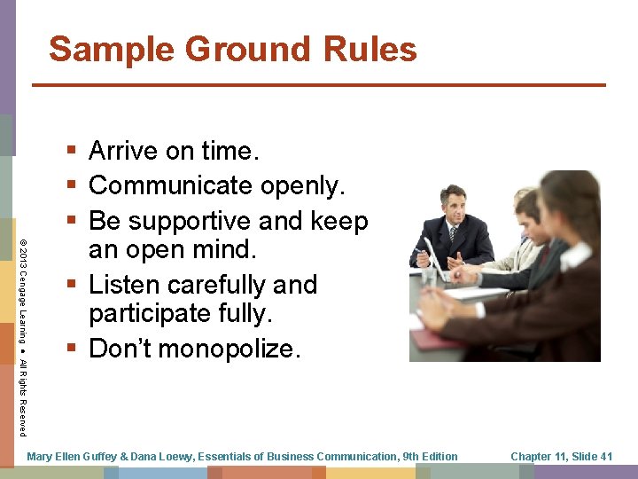 Sample Ground Rules © 2013 Cengage Learning ● All Rights Reserved § Arrive on