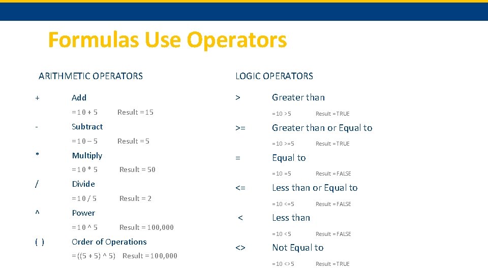 Formulas Use Operators ARITHMETIC OPERATORS + - = 10 / 5 ^ Result =