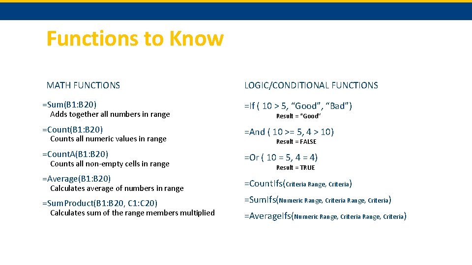 Functions to Know MATH FUNCTIONS =Sum(B 1: B 20) Adds together all numbers in