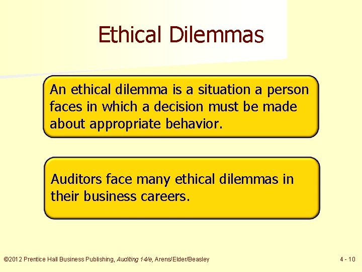 Ethical Dilemmas An ethical dilemma is a situation a person faces in which a