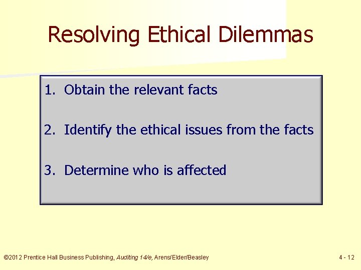 Resolving Ethical Dilemmas 1. Obtain the relevant facts 2. Identify the ethical issues from