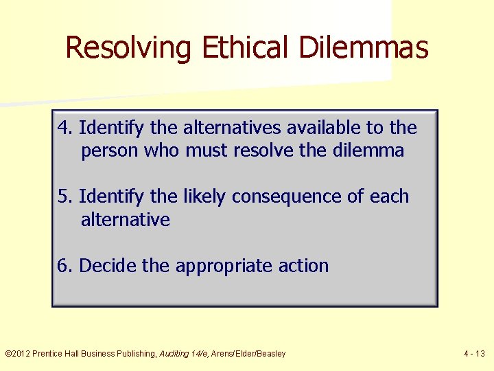 Resolving Ethical Dilemmas 4. Identify the alternatives available to the person who must resolve