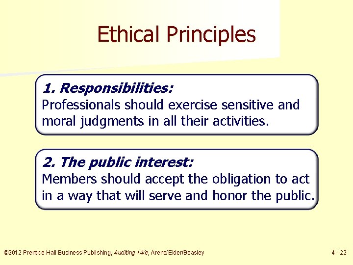 Ethical Principles 1. Responsibilities: Professionals should exercise sensitive and moral judgments in all their