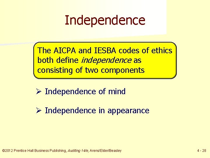 Independence The AICPA and IESBA codes of ethics both define independence as consisting of
