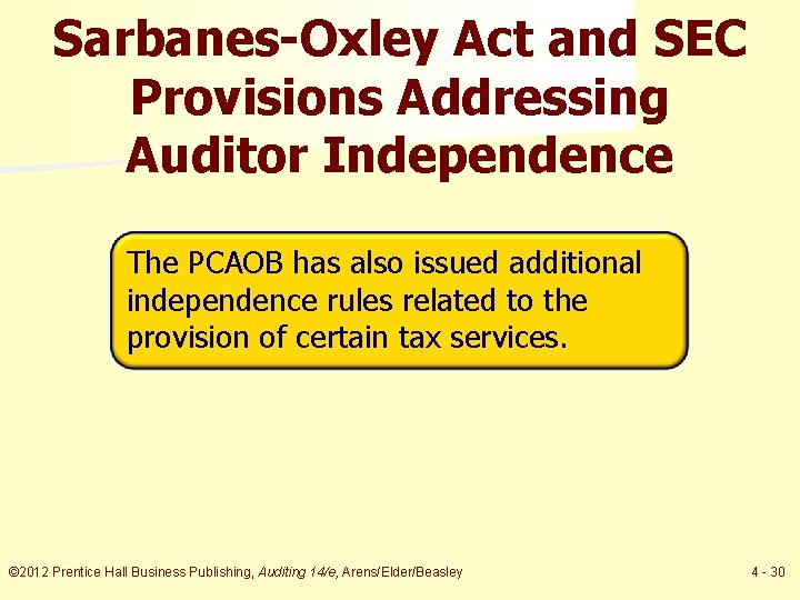 Sarbanes-Oxley Act and SEC Provisions Addressing Auditor Independence The PCAOB has also issued additional