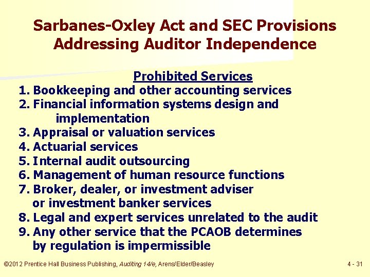 Sarbanes-Oxley Act and SEC Provisions Addressing Auditor Independence Prohibited Services 1. Bookkeeping and other