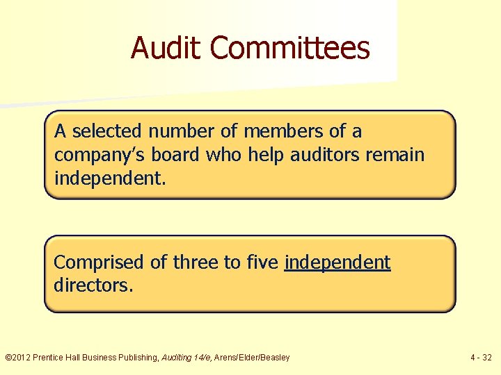 Audit Committees A selected number of members of a company’s board who help auditors