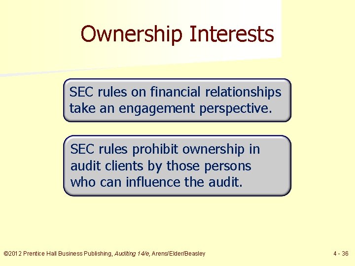 Ownership Interests SEC rules on financial relationships take an engagement perspective. SEC rules prohibit