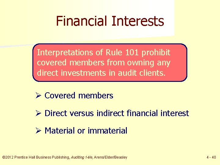 Financial Interests Interpretations of Rule 101 prohibit covered members from owning any direct investments
