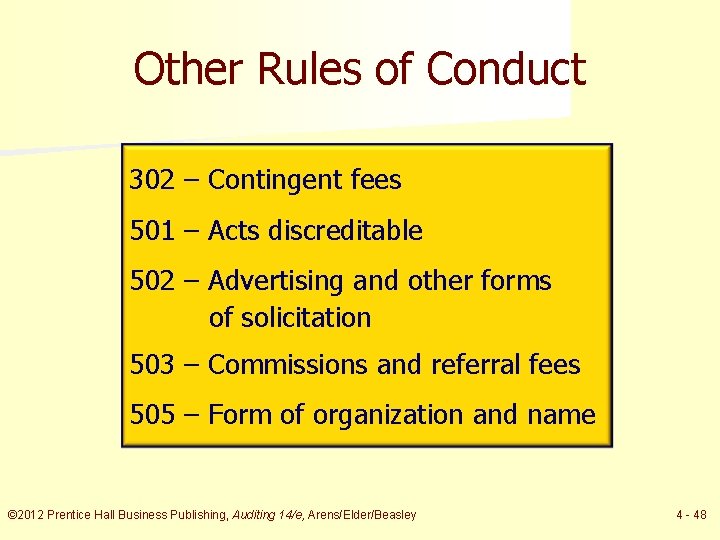 Other Rules of Conduct 302 – Contingent fees 501 – Acts discreditable 502 –