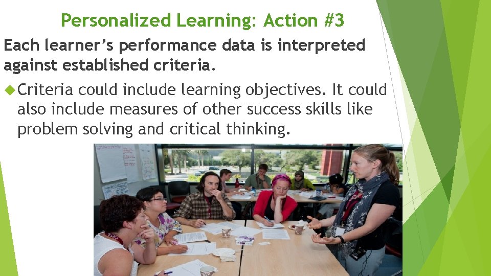 Personalized Learning: Action #3 Each learner’s performance data is interpreted against established criteria. Criteria