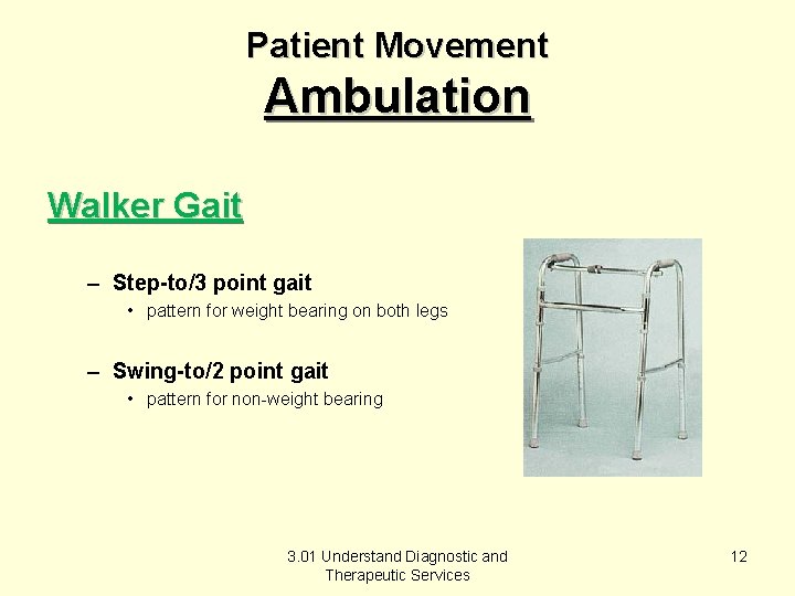 Patient Movement Ambulation Walker Gait – Step-to/3 point gait • pattern for weight bearing Patient Movement Ambulation Walker Gait – Step-to/3 point gait • pattern for weight bearing