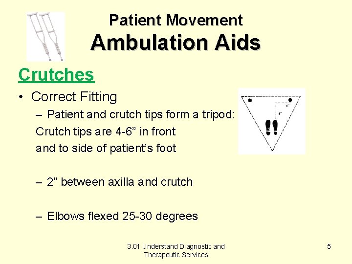 Patient Movement Ambulation Aids Crutches • Correct Fitting – Patient and crutch tips form Patient Movement Ambulation Aids Crutches • Correct Fitting – Patient and crutch tips form