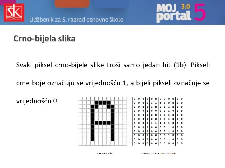 Crno-bijela slika Svaki piksel crno-bijele slike troši samo jedan bit (1 b). Pikseli crne