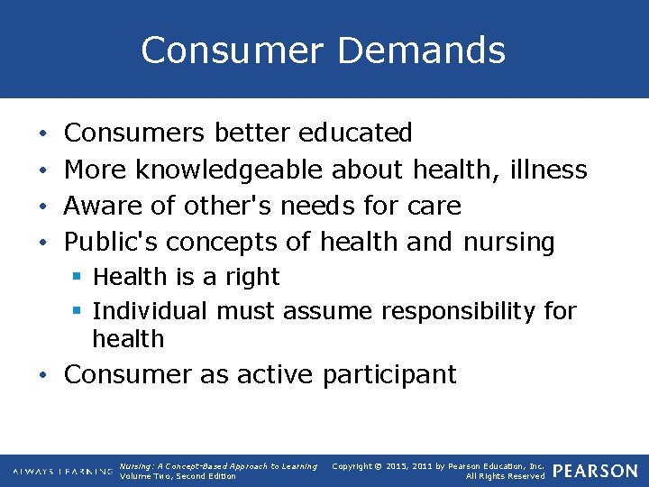 Consumer Demands • • Consumers better educated More knowledgeable about health, illness Aware of