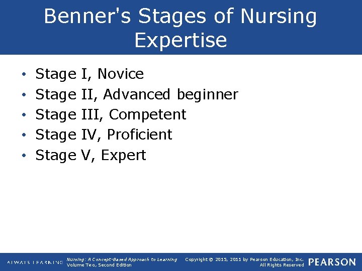 Benner's Stages of Nursing Expertise • • • Stage Stage I, Novice II, Advanced