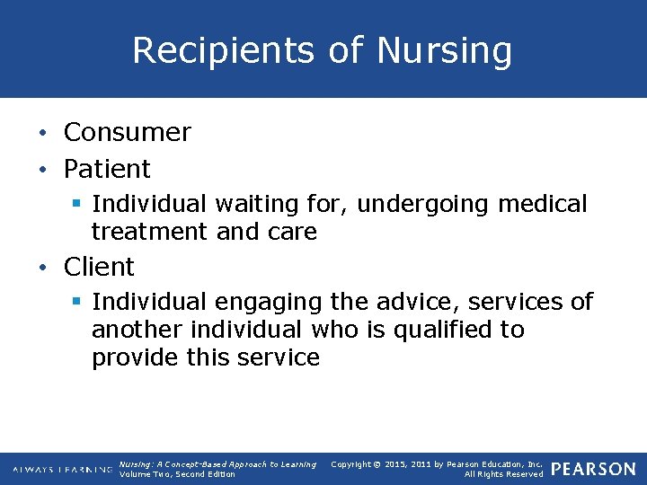 Recipients of Nursing • Consumer • Patient § Individual waiting for, undergoing medical treatment