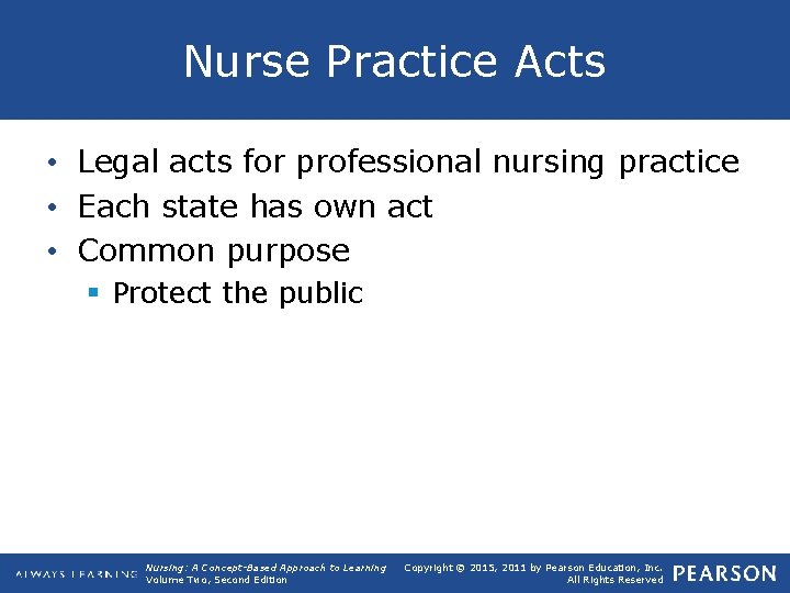 Nurse Practice Acts • Legal acts for professional nursing practice • Each state has