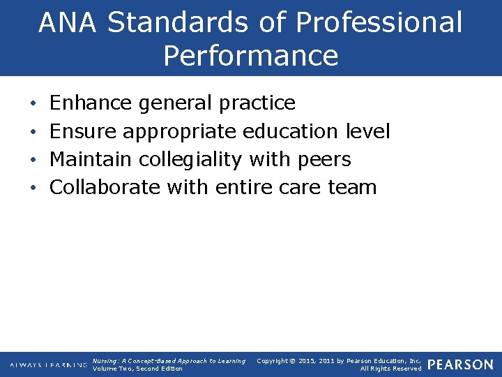 ANA Standards of Professional Performance • • Enhance general practice Ensure appropriate education level