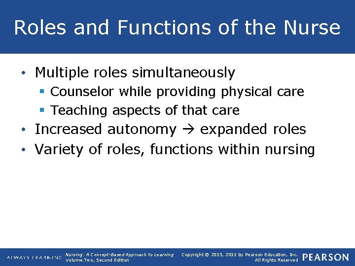 Roles and Functions of the Nurse • Multiple roles simultaneously § Counselor while providing