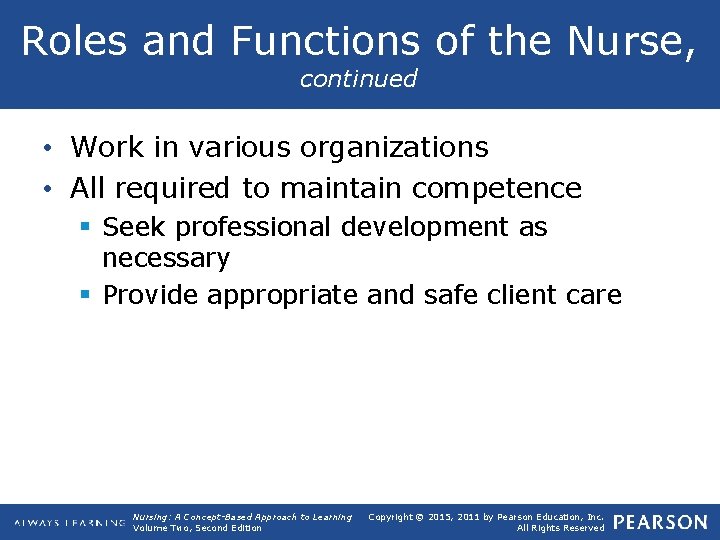 Roles and Functions of the Nurse, continued • Work in various organizations • All