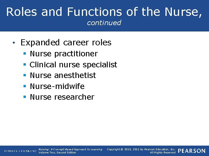 Roles and Functions of the Nurse, continued • Expanded career roles § § §
