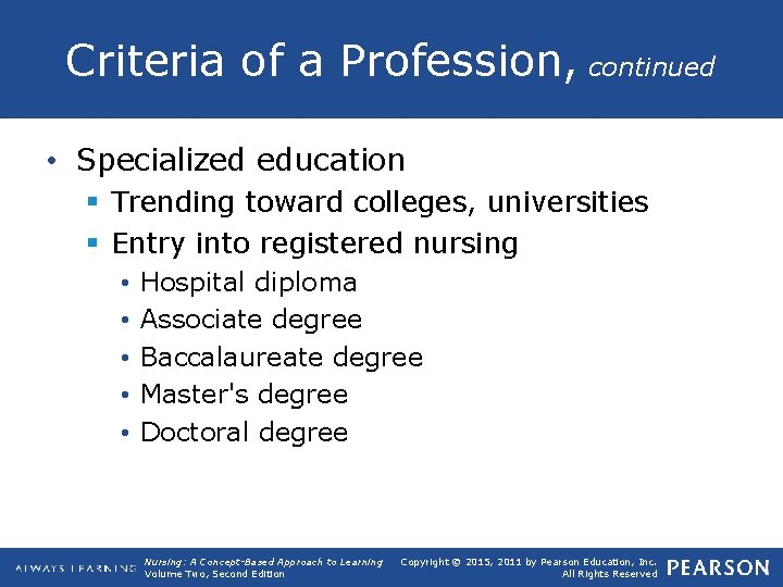 Criteria of a Profession, continued • Specialized education § Trending toward colleges, universities §