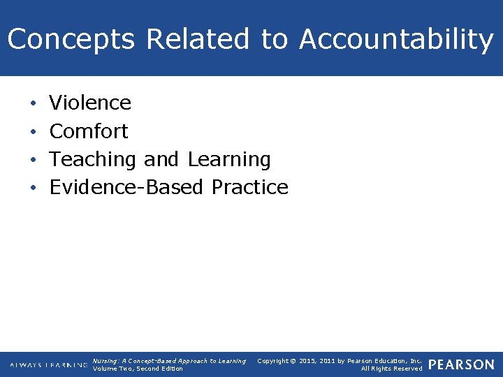 Concepts Related to Accountability • • Violence Comfort Teaching and Learning Evidence-Based Practice Nursing: