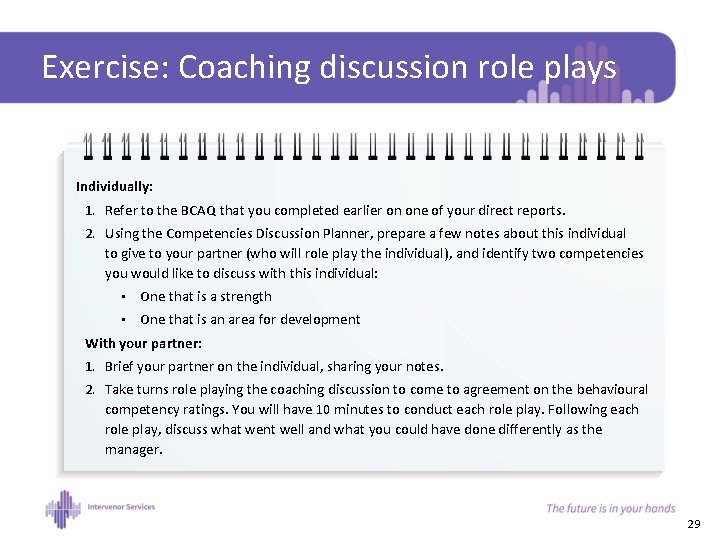 Exercise: Coaching discussion role plays Individually: 1. Refer to the BCAQ that you completed
