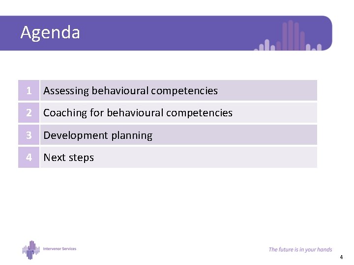 Agenda 1 Assessing behavioural competencies 2 Coaching for behavioural competencies 3 Development planning 4