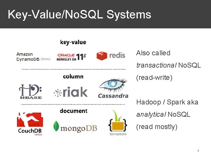 Key-Value/No. SQL Systems Also called transactional No. SQL (read-write) Hadoop / Spark aka analytical