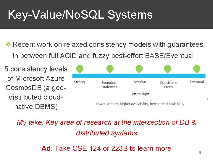 Key-Value/No. SQL Systems ❖ Recent work on relaxed consistency models with guarantees in between