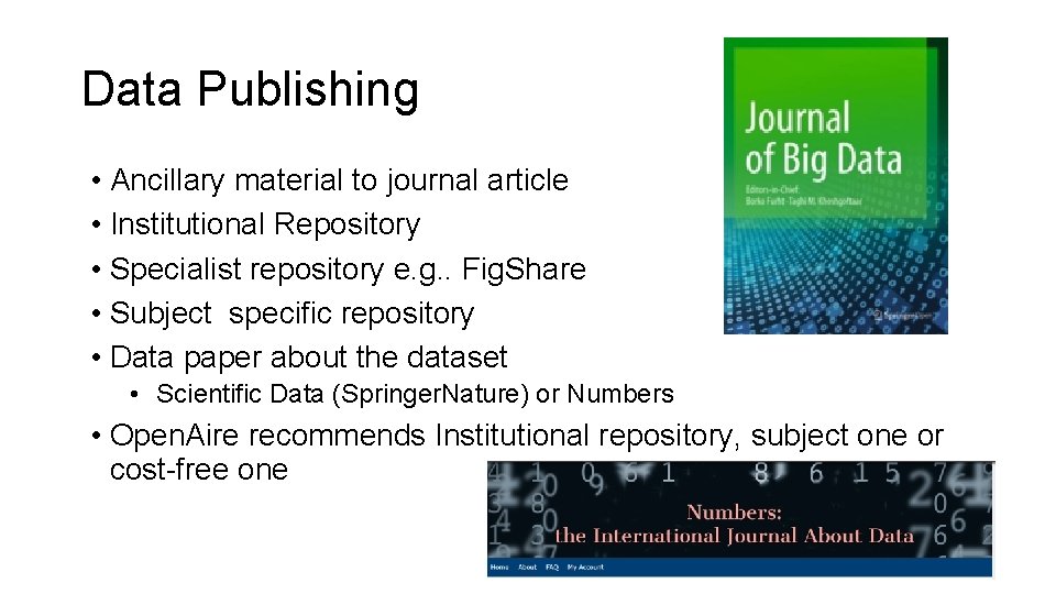 Data Publishing • Ancillary material to journal article • Institutional Repository • Specialist repository