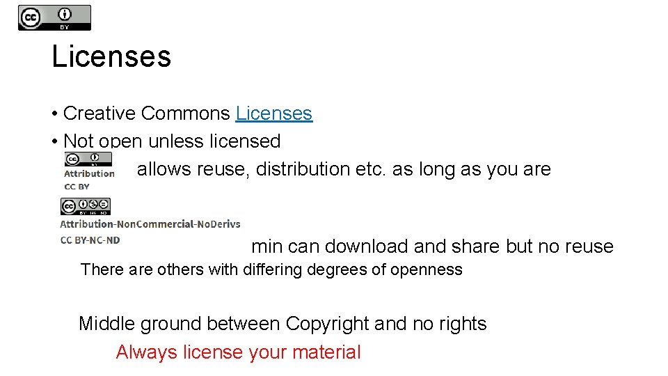 Licenses • Creative Commons Licenses • Not open unless licensed allows reuse, distribution etc.