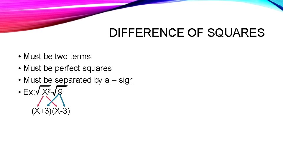 DIFFERENCE OF SQUARES • Must be two terms • Must be perfect squares •