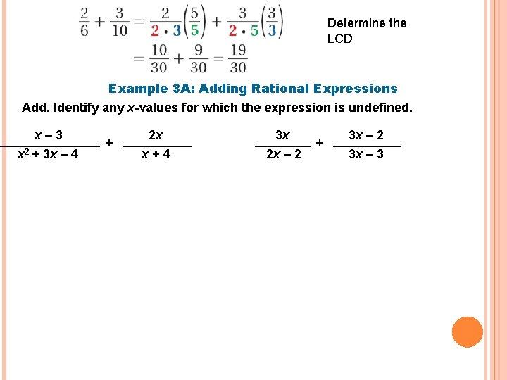 Determine the LCD Example 3 A: Adding Rational Expressions Add. Identify any x-values for