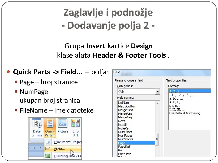 Zaglavlje i podnožje - Dodavanje polja 2 Grupa Insert kartice Design klase alata Header