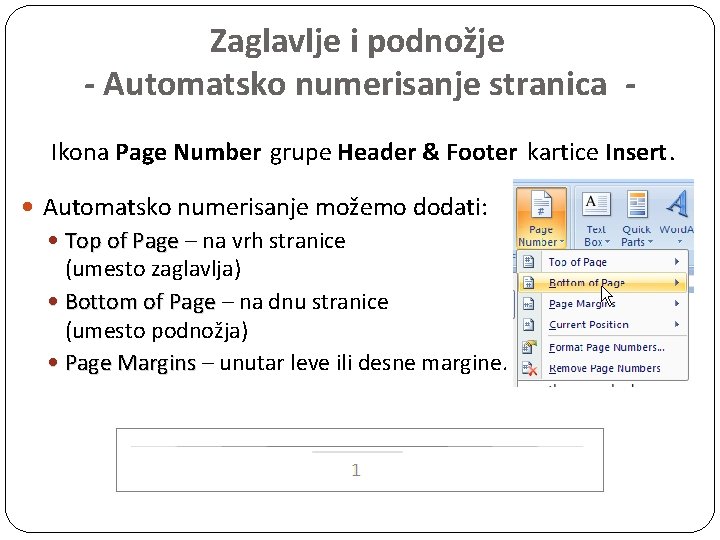 Zaglavlje i podnožje - Automatsko numerisanje stranica Ikona Page Number grupe Header & Footer