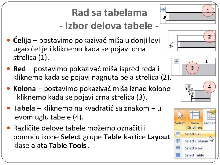 Rad sa tabelama - Izbor delova tabele - 1 2 Ćelija – postavimo pokazivač