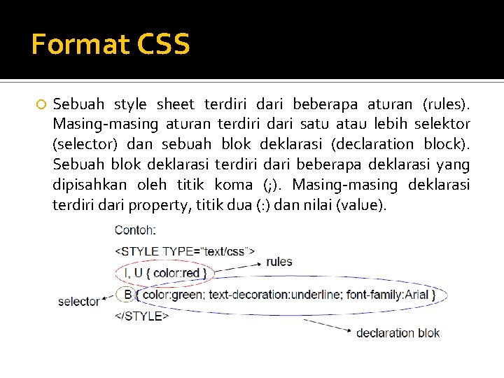 Format CSS Sebuah style sheet terdiri dari beberapa aturan (rules). Masing-masing aturan terdiri dari Format CSS Sebuah style sheet terdiri dari beberapa aturan (rules). Masing-masing aturan terdiri dari