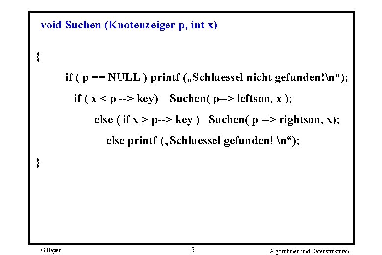 void Suchen (Knotenzeiger p, int x) { if ( p == NULL ) printf