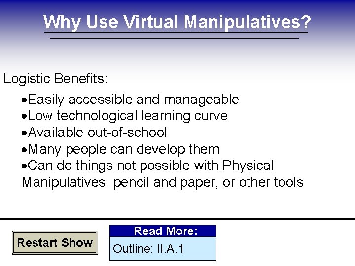 Why Use Virtual Manipulatives? Logistic Benefits: ·Easily accessible and manageable ·Low technological learning curve