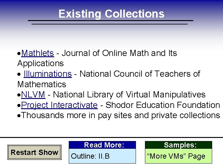 Existing Collections ·Mathlets - Journal of Online Math and Its Applications · Illuminations -