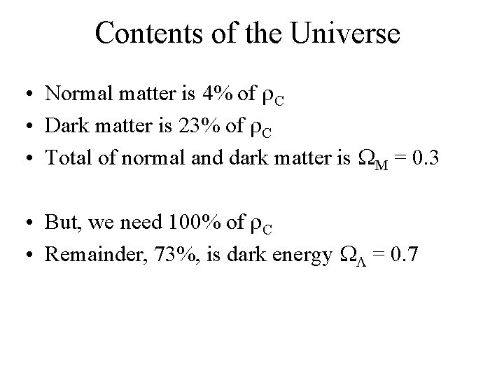 Contents of the Universe • Normal matter is 4% of C • Dark matter